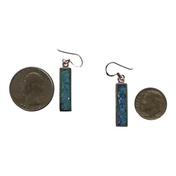 Sterling Silver 925 Blue Opal Stone Bar Earrings - Picture 8 of 9